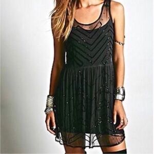 Free People Black Dark Plum Grey Mesh Beaded Sheer Mini Dress Festival Size XS